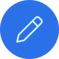 Royal blue circle with a white pencil icon in the centre
