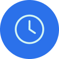 Royal blue circle with a white clock icon in the centre, the hands at four 'o clock