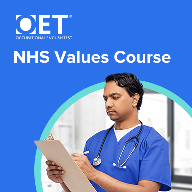 A picture of a healthcare worker in scrubs with a stethoscope around their neck writing on a clip board as an advertisement for OET's NHS Values Course 