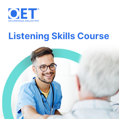 A picture of a healthcare worker listening to a patient as an advertisement for the OET Listening Course