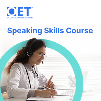 Picture of a healthcare professional on a phone call talking to a patient as an advertisement for the OET Speaking Course