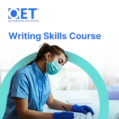 A picture of a healthcare worker wearing a mask and gloves while writing case notes as an advertisement for the OET Writing Course